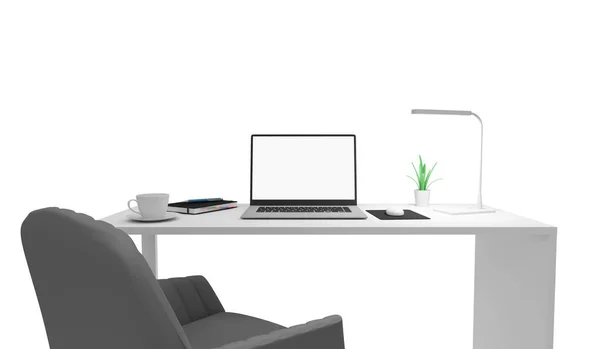 Arbeitsplatz Mit Computer Und Büromaterial Auf Weißem Hintergrund — Stockfoto