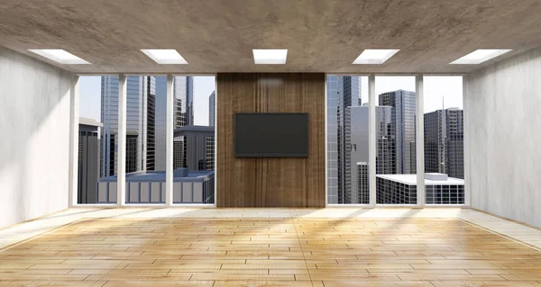 有空房间的现代化的办公室内部 3D渲染 — 图库照片