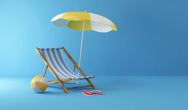三维渲染的沙滩椅子与伞和蓝色背景的太阳躺椅 — 图库照片