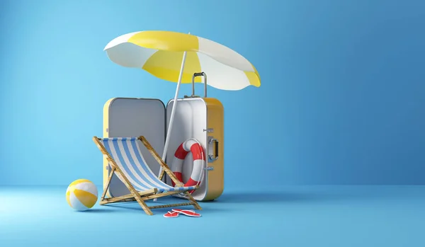 Illustration Beach Chair Umbrella Lifebuoy Blue Background — Stock Photo, Image