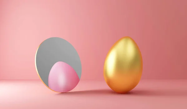 ピンクの背景に金のイースターエッグ 3Dイラスト — ストック写真