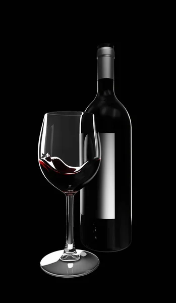 Red Wine Bottle Glass Water Black Background — Stock Photo, Image