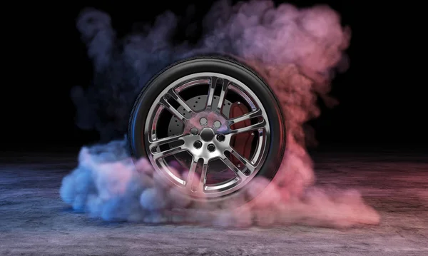 車の車輪 黒の背景 3Dレンダリング — ストック写真