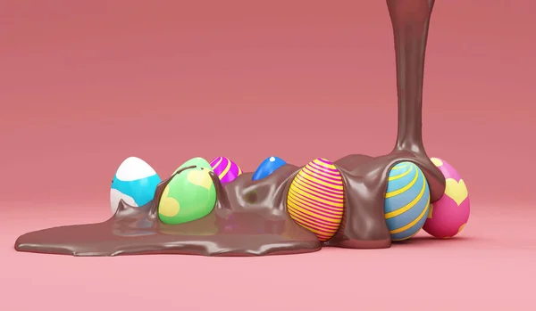 Pembe Arka Planda Renkli Paskalya Yumurtalarının Boyutlu Çizimi — Stok fotoğraf