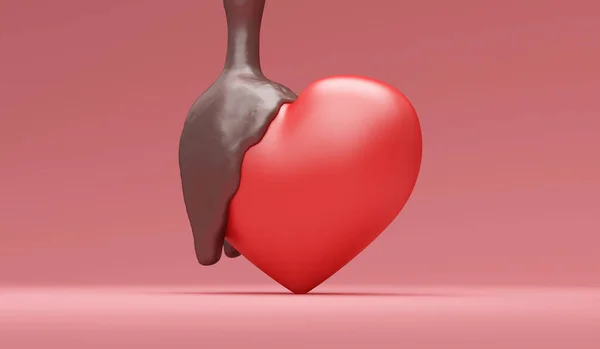 Απόδοση Ενός Θηλυκού Χεριού Κρατώντας Μια Κόκκινη Καρδιά Ροζ Φόντο — Φωτογραφία Αρχείου