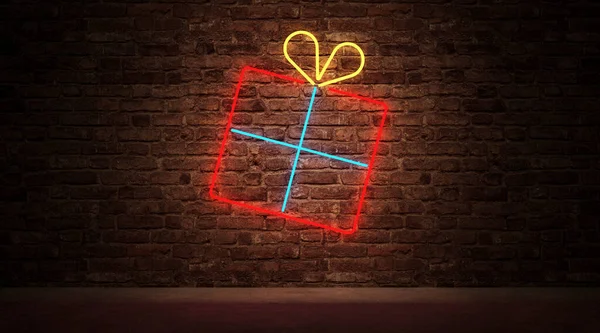 Glowing Neon Light Bulb Red Heart Brick Wall Background — Stock Photo, Image