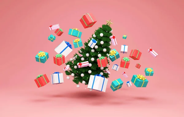 Illustrazione Regali Natale Con Scatole Regalo Sfondo Rosa — Foto Stock