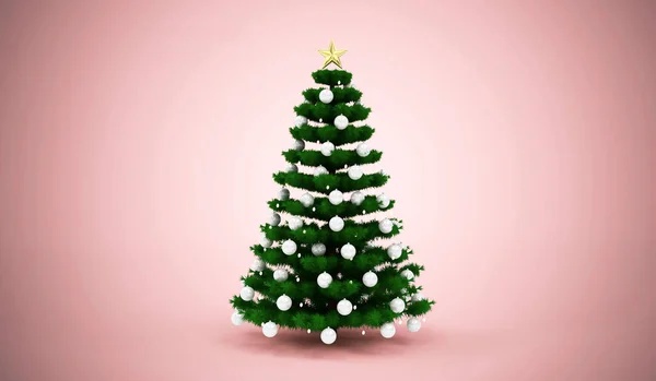 Χριστουγεννιάτικο Δέντρο Κόκκινα Και Πράσινα Φύλλα Ροζ Φόντο — Φωτογραφία Αρχείου