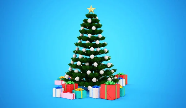 青い背景にギフトボックスとギフトボックスを持つクリスマスツリー 3Dレンダリング — ストック写真