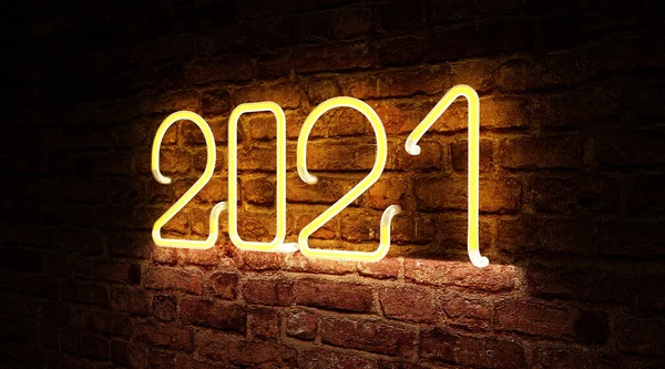 2019年新的一年 霓虹灯在砖墙上闪耀 — 图库照片