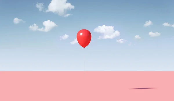 Renderowanie Balonu Czerwoną Wstążką Tle Błękitnego Nieba — Zdjęcie stockowe