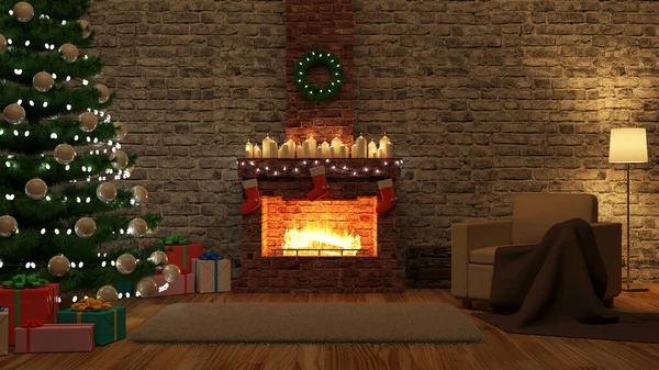 Interior Christmas Room Fireplace Gifts Royalty Free Stock Images