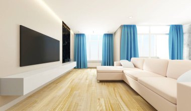 TV, Köşe Kanepe ve Büyük Pencereli Modern Oturma Odası. 3B Hazırlama