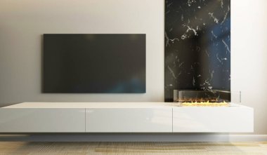 Geniş pencereli ve beyaz duvarlı modern bir iç mekan. 3d oluşturma