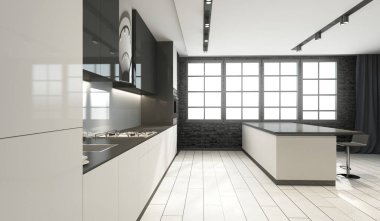 Beyaz duvarları ve ahşap zemini olan modern mutfak.