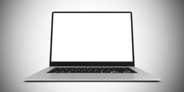 Beyaz arkaplanda boş ekranı olan bir laptop. 3d oluşturma