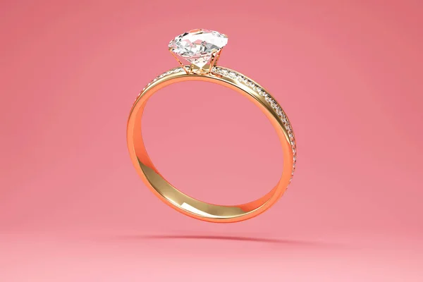 Illustratie Van Gouden Ring Met Diamanten Verlovingsringen Roze Achtergrond — Stockfoto