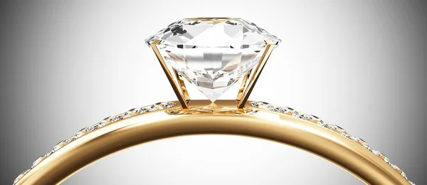 ホワイトを基調としたダイヤモンド付きゴールドダイヤモンドリングの3Dイラスト — ストック写真
