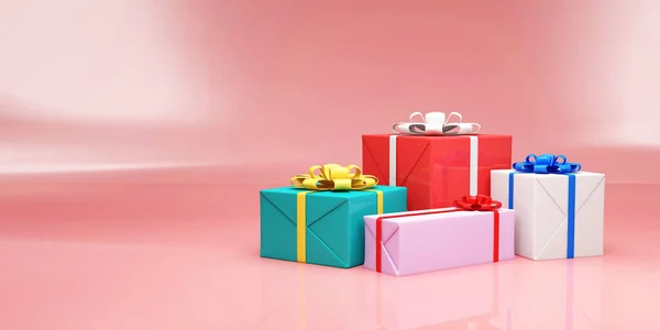 Geschenkboxen Mit Roter Schleife Auf Weißem Hintergrund Darstellung — Stockfoto
