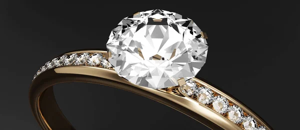 Anel Diamante Com Diamantes Sobre Fundo Preto — Fotografia de Stock