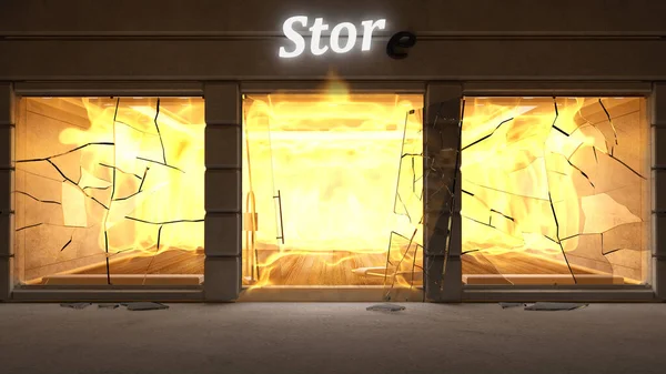 Store Fire Flame Ruined Burnered Shop Broken Front Windows Night — Stock Photo, Image