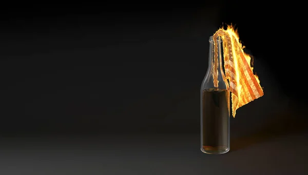 Cocktail Molotov Quarto Escuro Com Uma Bandeira Dos Eua Chamas — Fotografia de Stock