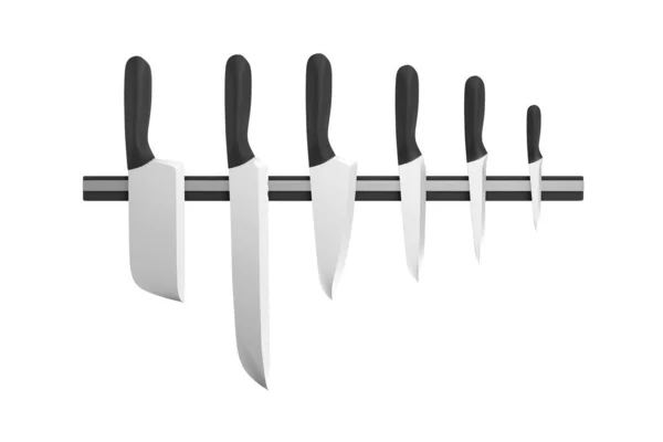 Group Kitchen Knives Magnetic Stand Isolated White Background Rendering — Stock Photo, Image