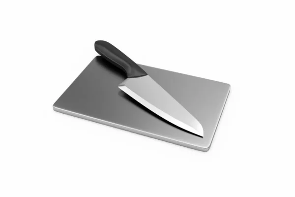 白い背景に隔離された黒のカッティングボード上のキッチンナイフ 3Dレンダリング — ストック写真