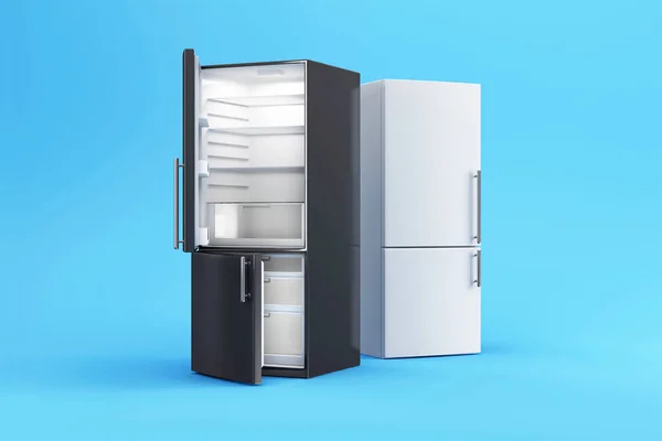 青い背景に冷蔵庫のアイコンが隔離されてる ミニマリズムの概念です 3Dイラスト — ストック写真