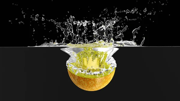 Skivad Kiwi Frukt Faller Vatten Med Stänk Svart Bakgrund Återgivning — Stockfoto