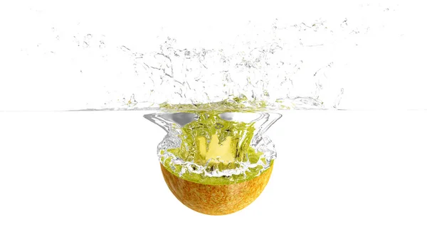 Sliced Kiwi Fruit Falling Water Splashes Isolated White Background Rendering — Stock Photo, Image