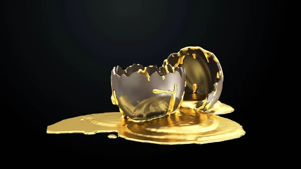 Λαμπερό Λιωμένο Χρυσό Χύνεται Ένα Σπασμένο Αυγό Πάσχα Σοκολάτα Μαύρο — Φωτογραφία Αρχείου
