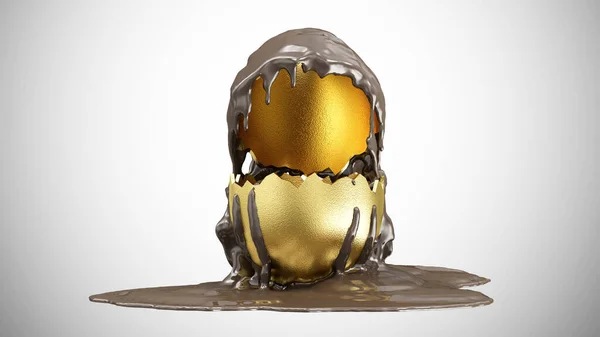 Melkchocolade Wordt Gegoten Een Geopende Gouden Paasei Een Gradiënt Achtergrond — Stockfoto