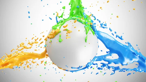 Salpicadura Pintura Multicolor Esfera Blanca Sobre Fondo Degradado Renderizado — Foto de Stock