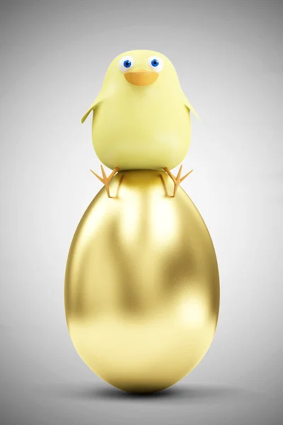 漫画面白い小さな鶏の大きな黄金の卵のグラデーションの背景に座っている ハッピーイースターのコンセプト 3Dレンダリング — ストック写真