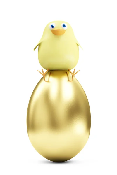 Cartoon Funny Little Chicken Sitting Big Golden Egg Happy Easter — Stock Photo, Image