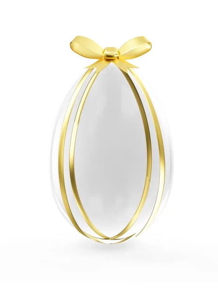 Empty Blank Glass Easter Egg Golden Ribbon Bow Isolated White — Stock Photo, Image