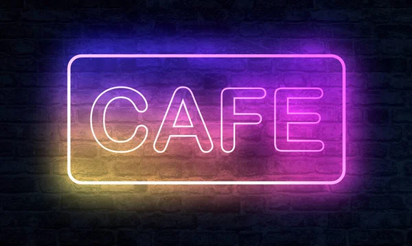 Neon Cafe banner with illumination at night on brick wall. 3D Rendering