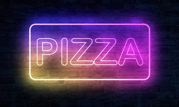 Neon Pizza banner with illumination at night on brick wall.  3D Rendering