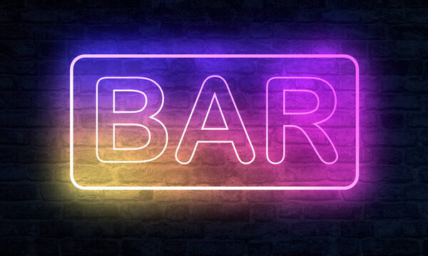 Neon Bar banner with illumination at night on brick wall. 3D Rendering