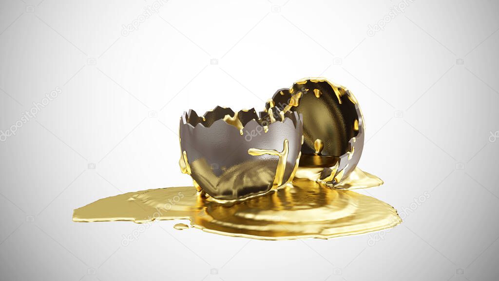 Shiny Melt Gold is Poured on a Broken Chocolate Easter Egg on gradient background. Happy Easter Concep. 3D Rendering