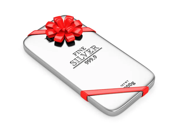 Flat Silver Bar with Red Ribbon and Bow — Stock Photo, Image