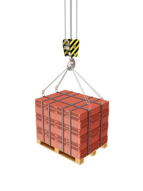 Vinç kanca yığılmış kırmızı tuğla ile