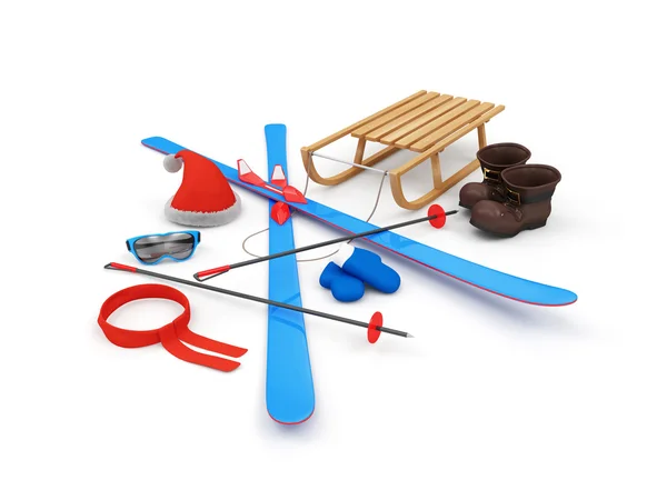 Blue Skiing and Wooden Sled — Stock Photo, Image