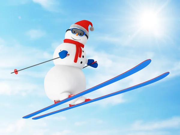 Happy Snowman on Ski Jumping — Stock Photo, Image