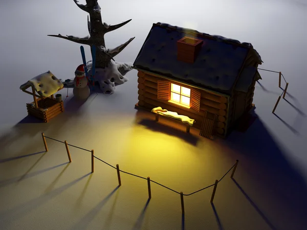 Casa in legno con luci nel paesaggio invernale — Foto Stock