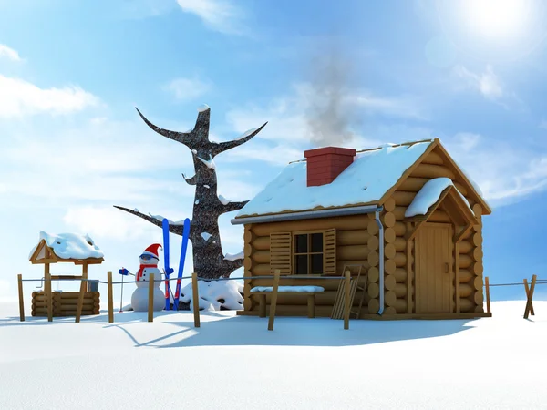 Maison en bois dans un paysage hivernal — Photo