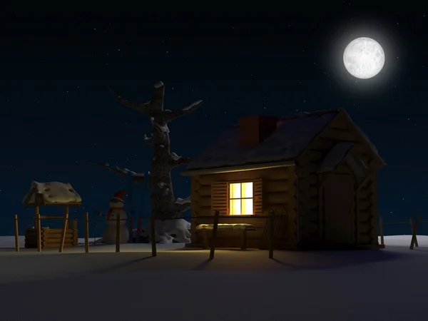 Houten huis met lichten in winterse landschap — Stockfoto