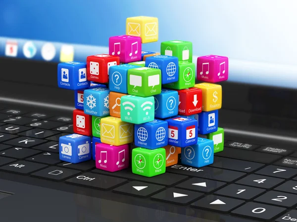 Laptop with Application Cubes — Stock Photo, Image