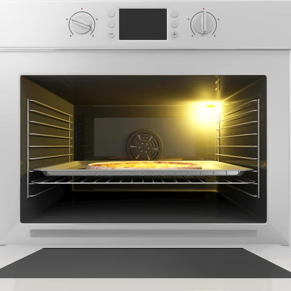 Forno con porta aperta e pizza — Foto Stock